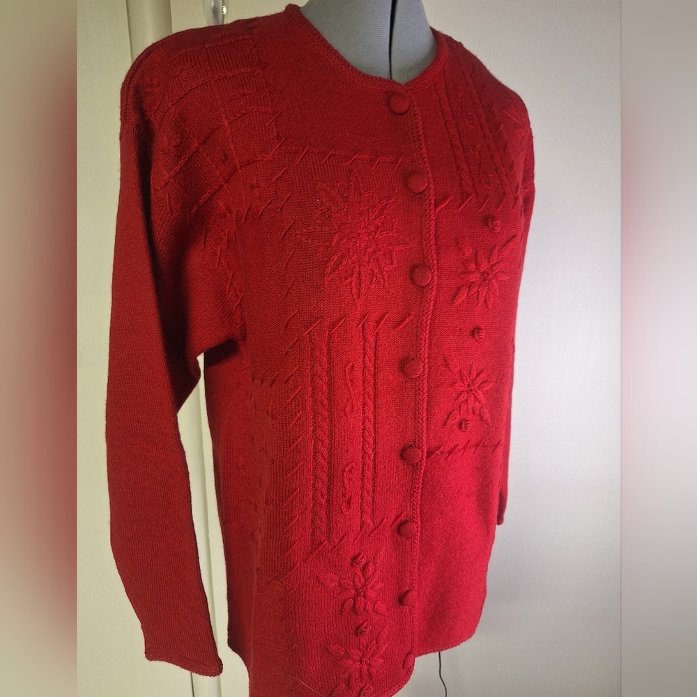 Korea 100% Wool  Red Cardigan w/ Covered Buttons  Size Small